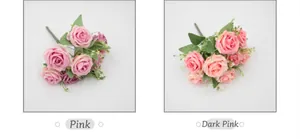 Detalle de rosas artificiales en rosa y rosa oscuro con hojas para decoración