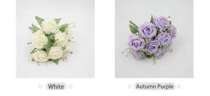Detalle de rosas artificiales blancas y morado otoño con hojas para decoración de bodas