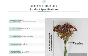 Detail view of burgundy artificial hydrangea bundle with 8 branches for home decor