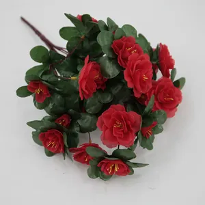 Ramo realista de 21 azaleas rojas con hojas verdes sobre fondo blanco puro