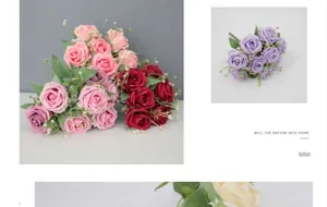 Detalle de ramo de 9 rosas de seda artificiales con hojas verdes y pequeñas flores blancas