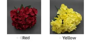 Macro detail of red and yellow faux hydrangea bouquets with lush fabric petals