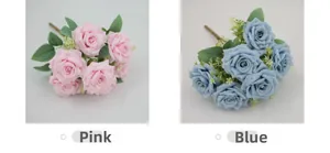 Detailed comparison of artificial pink and blue Austin roses with realistic silk leaves