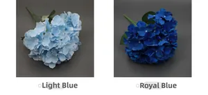Detailed view of blue and royal blue artificial hydrangea silk flowers for wedding decor
