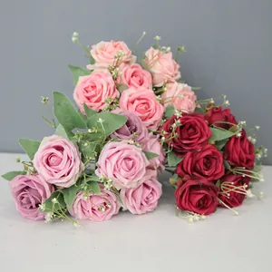 Ramo de Rosas Artificiales de Tela de Satén para Decoración Hogar Boda Accesorios de Fotografía Rosa de Varios Cabezales