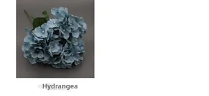 Macro detail of greyish blue hydrangea bouquet with realistic petals and green stem