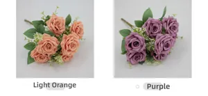 Detailed comparison of artificial Austin roses in light orange and purple silk fabric