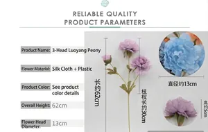 Detail view of 3-head silk peony with size measurements and reliable quality texture