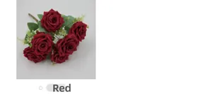 Detail of red artificial Austin rose bouquet with green leaves and small white flowers