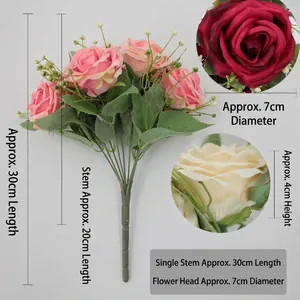 Ramo de 9 rosas artificiales en rosa y rojo con dimensiones y detalles de hojas