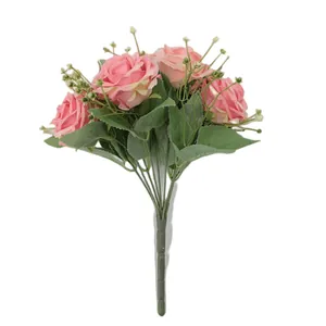 Ramo de rosas artificiales rosa de 9 cabezas con hojas verdes para decoración de boda
