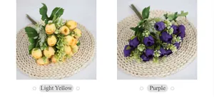 Detailed comparison of artificial tea rose buds in light yellow and purple colors