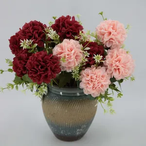 7-head faux dahlia bouquet in deep red and light pink colors for wedding home decoration