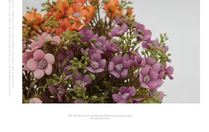 Detail of artificial hydrangea bouquet with purple and orange fabric petals for home decor