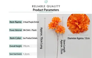 Macro detail of artificial orange orchid petals and stem showing 12cm head diameter