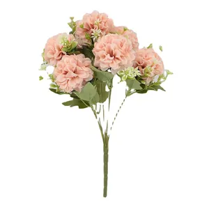 Faux hydrangea bouquet with pink ball flowers and green leaves for home wedding decor