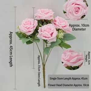 Artificial light pink Austin rose bouquet with 5 heads and leaves, 45cm total length