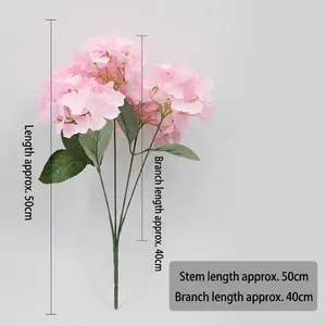 Single 5-fork pink artificial hydrangea bunch with green leaves for wedding decor
