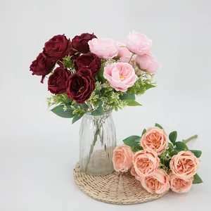 Roses Austin artificielles à 7 têtes en bordeaux et rose pour décor de mariage