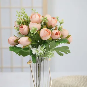 Artificial Mini Tea Rose Bouquet Satin Fabric Multi-head Fake Rose Buds For Home Wedding Decoration Photography Prop Handmade Faux Floral Arrangement
