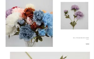 Detailed view of multi-color silk peony bouquet with realistic petals and green leaves