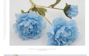 Detail of light blue faux peonies with two large silk blooms and one bud on white background