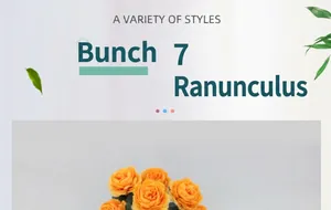 Détail d'un bouquet de renoncules artificielles avec 7 têtes de fleurs oranges réalistes