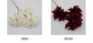 Detail view of artificial dahlia flowers in white and dark red silk fabric with long stems