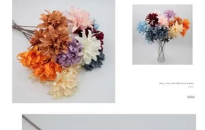 Close-up of silk dahlia flower heads in various colors like pink, blue and orange