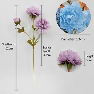 Artificial 3-head silk peony spray in blue and purple, 62cm long for wedding decor