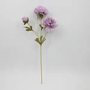 Artificial 3-head purple peony silk flower with two blooms and one bud on white background