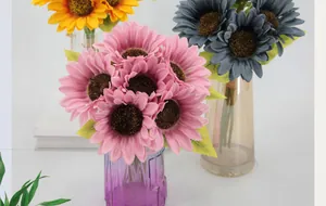 Detailed view of artificial sunflower bouquet with silk texture and realistic petals