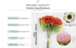 Detailed view of 6-head artificial sunflowers featuring silk petals and plastic stems