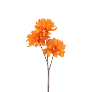 Dalia artificial naranja realista con tres cabezas de flores completas en tallo largo