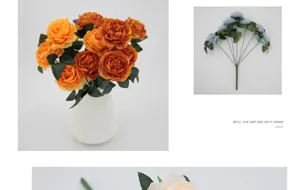 Détail de renoncules en soie orange et bleu clair avec plusieurs têtes dans un vase