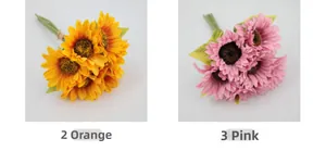 Detail view of artificial sunflower bouquets in orange and pink with tied twine stems