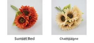 Close-up of artificial sunflower bouquets in sunset red and champagne colors