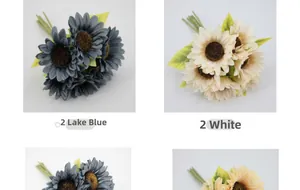 Artificial sunflower bouquet in lake blue and cream white with realistic green leaves