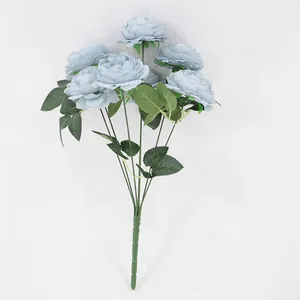 Kunstboeket van 7 blauwe zijden pioenen met groene bladeren voor bruiloft decoratie