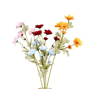 Colorful artificial cosmos bouquet with pink, red, blue and orange silk flowers