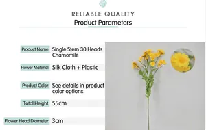 Detailed size chart of artificial chamomile silk flowers with 55cm height and 30 heads