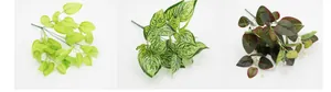 Detailed view of artificial green leaves in three distinct patterns for home decor