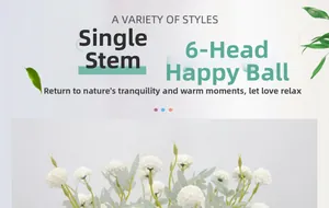 Detailed view of white artificial dandelion globe flower with 6 heads and green leaves