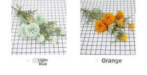 Detail of 6-head artificial dandelion flower bouquet in light blue and orange