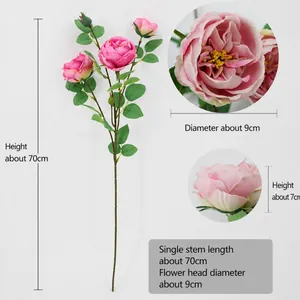 Bouquet di rose Austin in seta rosa, stelo artificiale 70cm con tre teste di fiori