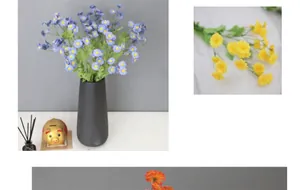 Detailed view of colorful artificial chamomile daisies in a sleek black matte ceramic vase
