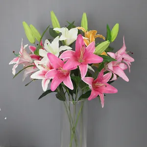 Realistic PU Artificial Lily Flower Branch 3D Printed Real Touch Faux Floral For Wedding Home Office Desktop Decoration