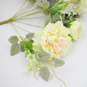 Pale yellow artificial peony bouquet with pink centers for elegant home decor display