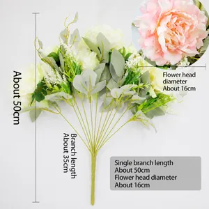 Artificial peony bouquet in light yellow with green leaves and 50cm long stem for home decor