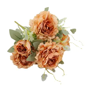 Champagne peony artificial silk flower bouquet with eucalyptus leaves for home decor